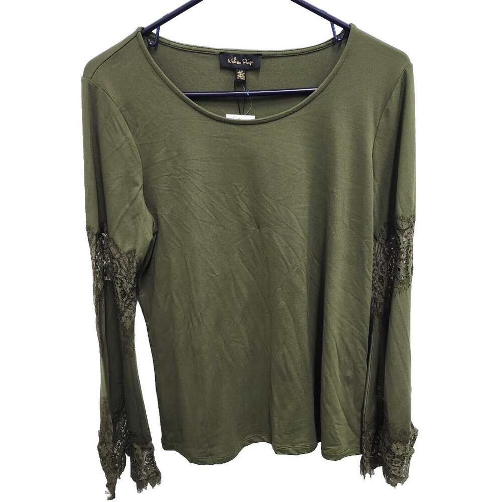 Melissa Peige Womens BOHO Top Large Olive Green Flared‎ Lace Sleeve Casual New